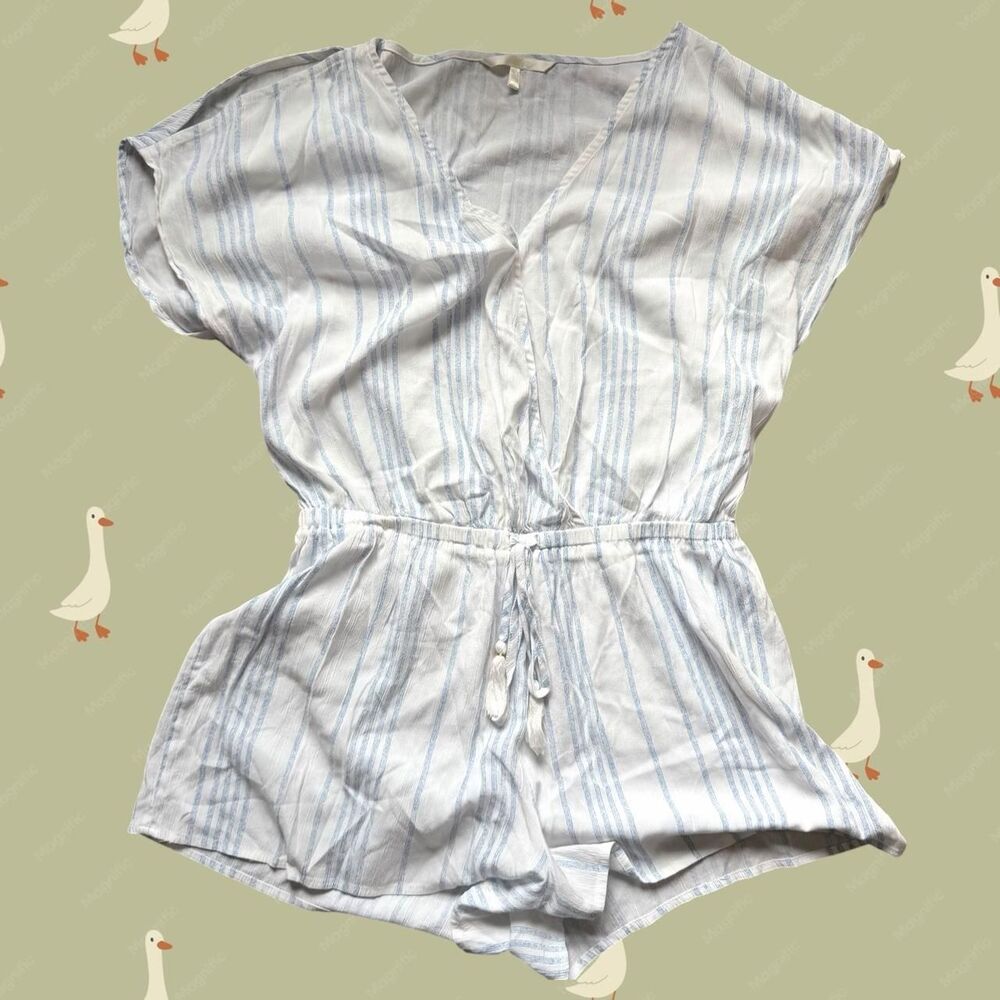 Hawaiian Tropic Vacay Blue & White Striped V-Neck Romper Beach Coverup - Size M